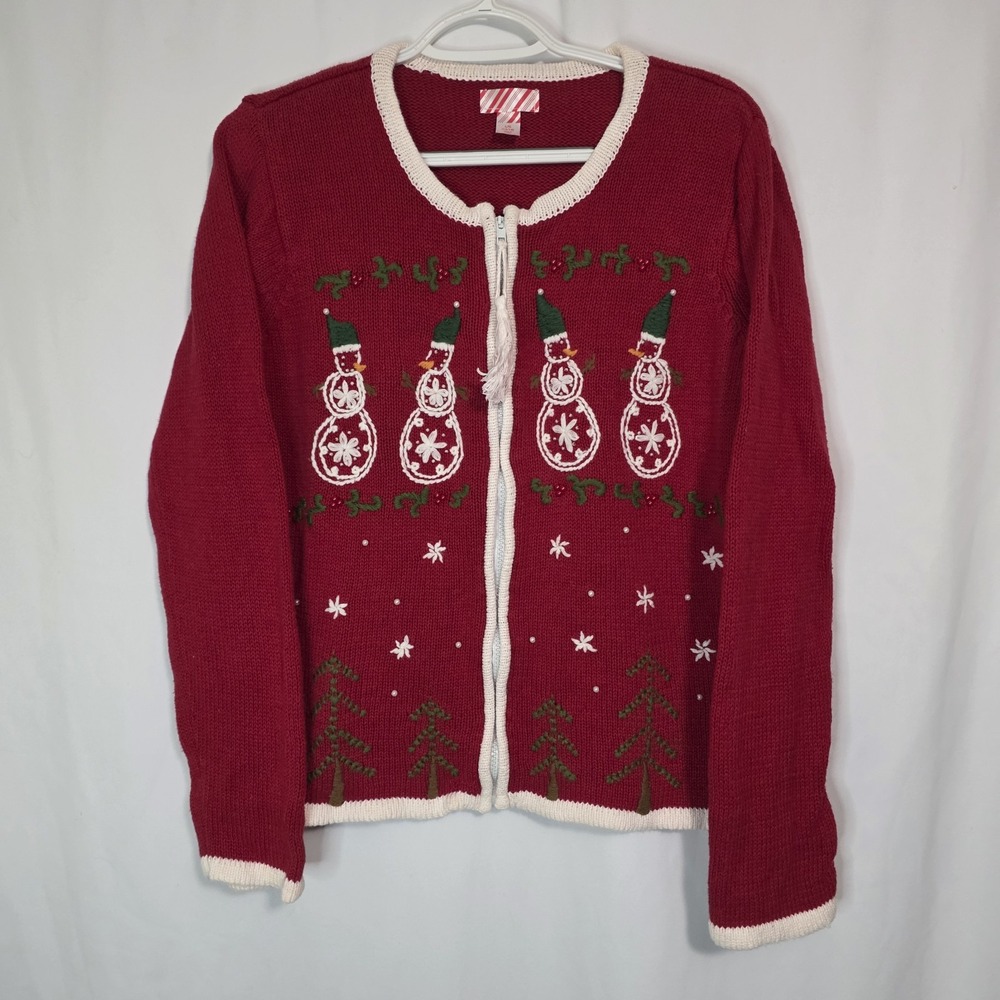 Snowman Christmas Zip Cardigan‎ Sweater Kitsch Holiday Novelty Cozy Womens L